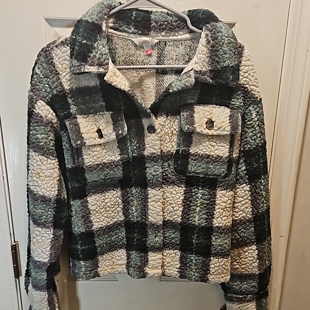 No Boundaries Plaid Sherpa Jacket